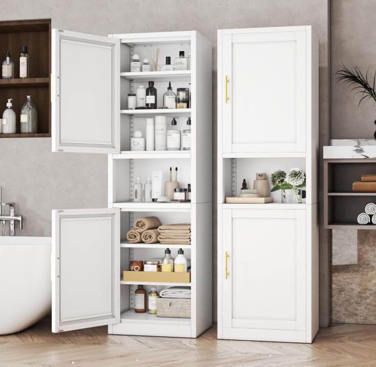 Tall Metal Narrow Bathroom Storage Cabinet 67" H, Tall White Pantry Cabinets with 4 Adjustable Shelves and 2 Doors for Kitchen, Home Office, Living Room, Dining Room(20 inches Wide) by BAOLIWO