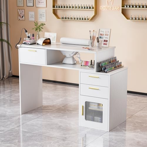 OmySalon Nail Desk with Ribbed Design & Electric Dust Collector - Nail Tech Station with Storage Drawer, Fluted Glass Cabinet & Wrist Cushion for Home Salon & Spa (White) - Image 2