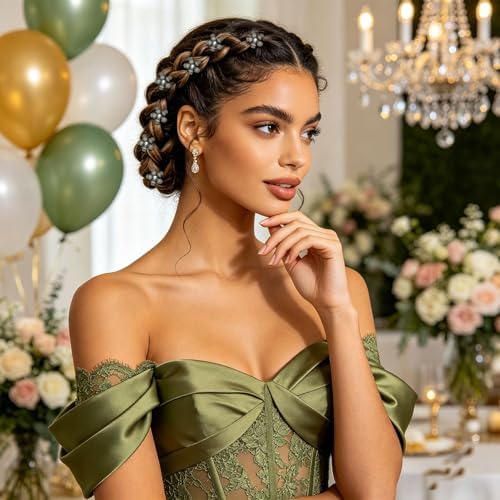 YISSION 20Pcs Mini Olive Green Plaid Flower Hair Clips, Rhinestone Decorative Hair Pins for Women and Girls Wedding Bridal Prom Daily Hairstyle Accessories - Image 4
