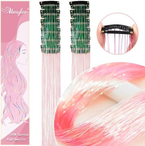 Hair Tinsel Pack of 12 Pcs Clip in Hair Tinsel 20 Inch Colorful Glitter Tinsel Hair Extensions Tinsel Fairy Hair Party Dazzle Hair Accessories Strands Kit for Women Girls(12Pcs,Light Pink#) - Image 2