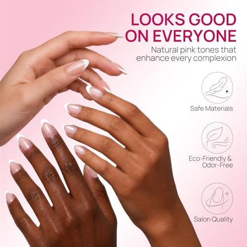 Krofaue French Tip Short Almond Nail Tips Glossy - Image 4
