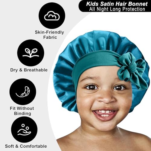 3 Pcs Kids Silk Bonnet for Sleeping - Baby Satin Bonnet for Sleeping,Kids Hair Bonnets for Curly Hair Girls Boys with Wide Elastic Band,Sleep Cap for Teens Toddler Child (Peacock Blue+Black+Beige) - Image 4