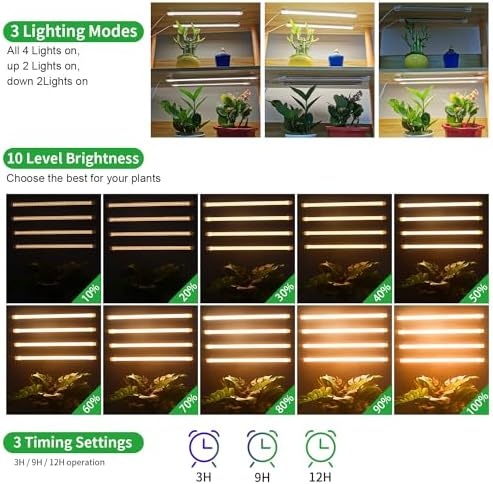 RWNTAO Plant Growing Lamp Strips, Full Spectrum 3500K for Indoor Plants LED Grow Light with 3/9/12H Timer and 10 Dimmable Levels for Green House Hydroponics Succulent, 4 Head 13 in - Image 3