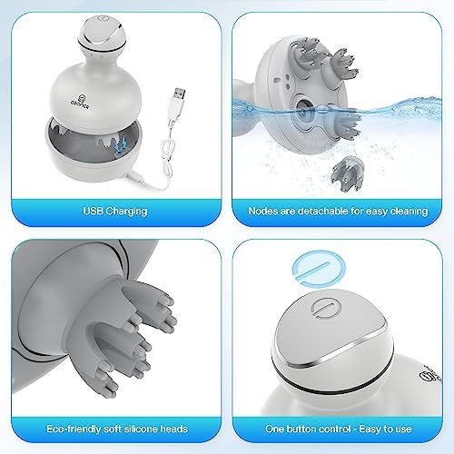 COMFIER Electric Scalp Head Massager with 4 Soft Silicone Massage Heads, Portable Hair Massager for Hair Growth, Relieve Stress, Head Scratcher for Deep Relaxation, Dog Cat Massager, Gray - Image 6