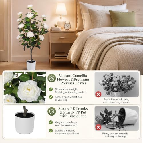 2 Pack 34'' Artificial Camellia Tree with 20 White Flowers - Image 6