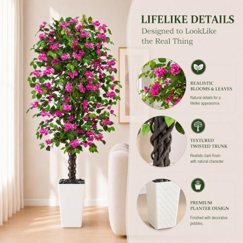 Artificial Bougainvillea Tree 6FT, Fake Tree with Flowers White Planter - Image 3