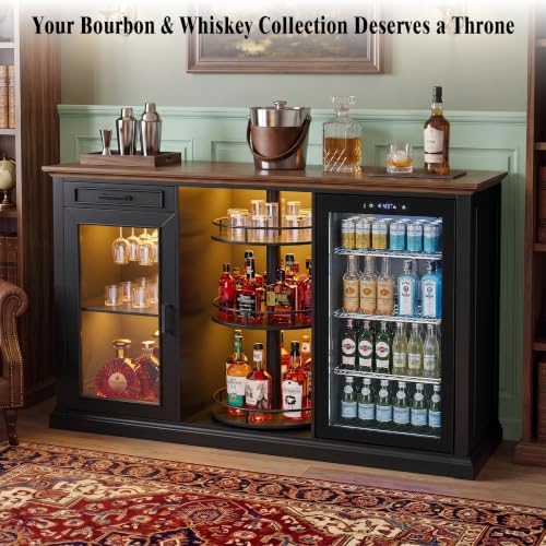 GDLF 60.2-Inch Home Bar Cabinet with Fridge Space, Amber LED, Black/Walnut - Image 3