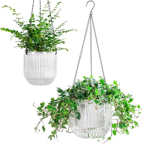 Melphoe 2 Pack Self Watering Hanging Planters Indoor Flower Pots, 5.3/8.3 Inch Outdoor Hanging Basket, Plant Hanger with 3Hooks Drainage Holes for Garden Home (White) by Melphoe