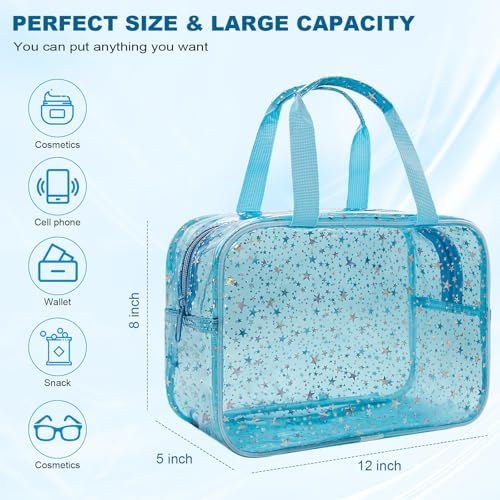 Clear Blue Star Large Makeup Bag with Star Pattern 12x5x8 inch, Travel Cosmetic Bag with Handle, Durable PVC Material Washbag Zipper Opening Design for Makeup Travel Organizer or Gym Use - Image 2