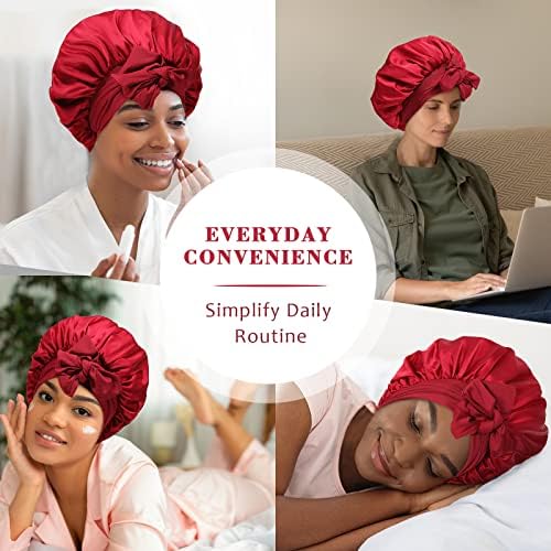 AWAYTR Wide Band Satin Bonnet, Tie-Band Sleep Cap for Curly Hair Women Red - Image 5