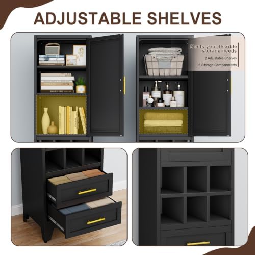 Tall Metal Narrow Storage Cabinet 67" H with 2 Drawer,Black Kitchen Pantry Cabinets with 2 Adjustable Shelves and Door,Cuby Storage Orgainzer,Tall Bathroom Cabinet for Kitchen, Home Office,Dining Room - Image 4