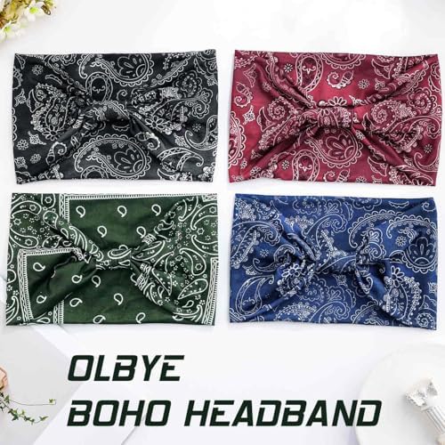 Olbye Wide Boho Headbands Floral Stretch Head Wraps Bohemian African Turban Hairbands Knotted Bandana Headband Yoga Running Head Scarfs Workout Hair Accessories for Women 4Pcs (Bohemian, 9.4 * 5.9'') - Image 2