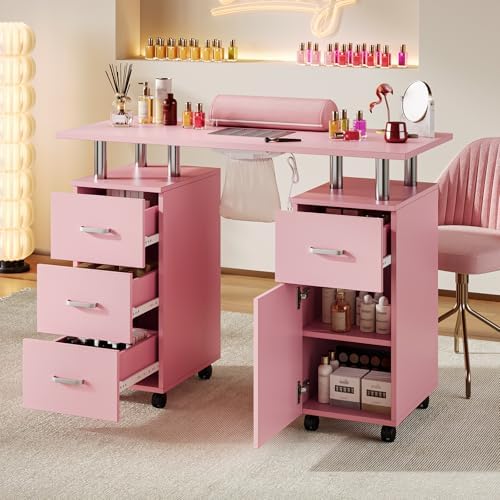 Mobile Manicure Table on Wheels, Portable Nail Desk with Storage，Pink - Image 3