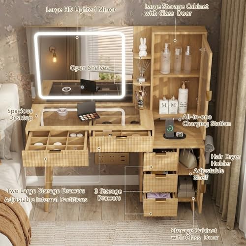 49" Wooden Vanity Desk with Mirror and Lights, Fluted Boho Makeup Vanity Table with Modern Glass Top, Charging Station, 5 Drawers, 2 Cabinet with Adjustable Shelves, Light Wood - Image 6