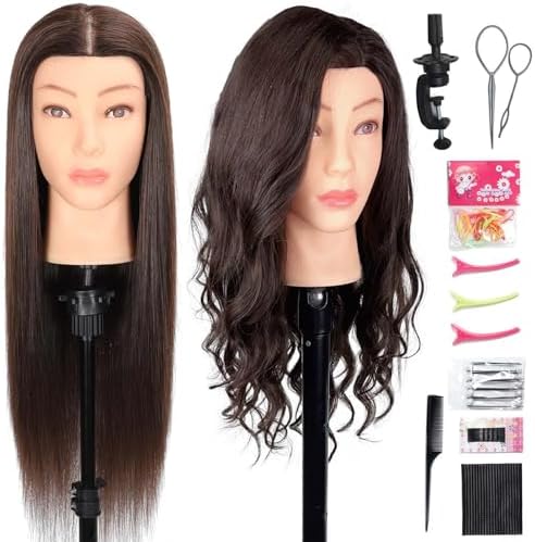 Mannequin Head Human Hair, 80% Real Hair Cosmetology Manikin Head for Practice Braiding Hairstyling Cutting with Free Clamp Holder and Tools (Dark Brown) by MQHIHI