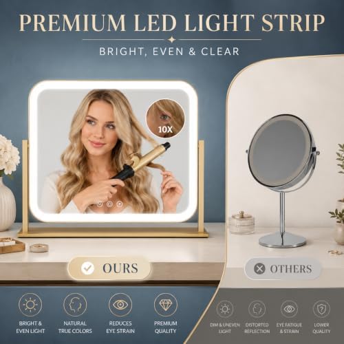 FENNIO Vanity Mirror with Lights 17''x13'' Makeup Mirror with Lights,Vanity Mirror Touch Screen with 3-Color Lighting,Dimmable,for Vanity Desk Tabletop Gold - Image 5