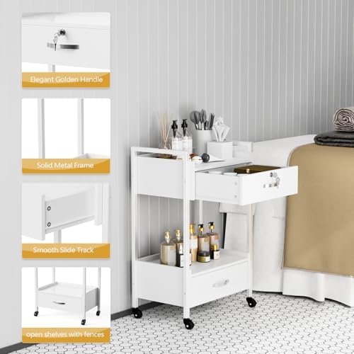 OmySalon Salon Trolley Cart with Wheels, Esthetician Cart with 2 Drawers & 2 Trays, Mobile Storage Organizer for Beauty Spa Massage Tattoo Esthetic Facial Tool Holder Station, White - Image 3