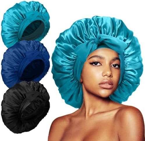 3Pcs Bonnets for Sleeping, Extra Satin Silk Bonnet for Sleeping Women with Tie Band for Curly Hair Jumbo Bonnet Braids by KAFTERI