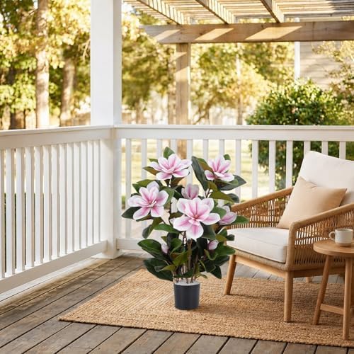 27.5" Fake Potted Plants Artificial Magnolia Flowers for Outdoors, Pink - Image 7
