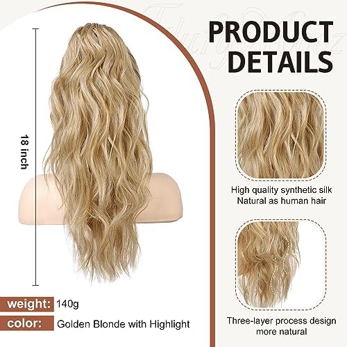 Flufymooz Ponytail Extension, 18Inch Claw Clip Ponytail Extension, Wavy Curly Claw Clip in Ponytail Hair Extensions, Natural Fake Ponytail Synthetic Hairpiece for Women (Golden Blonde with Highlight) - Image 2