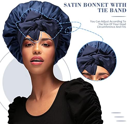 AWAYTR Wide Band Satin Bonnet, Tie-Band Sleep Cap for Curly Hair Women Navy - Image 3