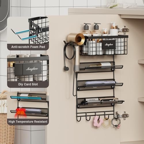 Magheo Hair Dryer Holder Wall Mounted, Adheisve Hair Tool Organizer for hair Brush/Appliance Wall Mount with 5 Tier Shelf Basket Hooks Blow Dryer and Straightener Holder for Bathroom(Black) - Image 2