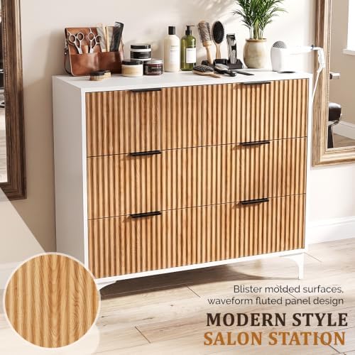 OmySalon Salon Station, Barber Station with 4 Drawers & 3 Hair Dryer Holders, Modern Retro Style Free Standing Cabinet, Storage Styling Stations for Barbershop Beauty SPA, White - Image 7