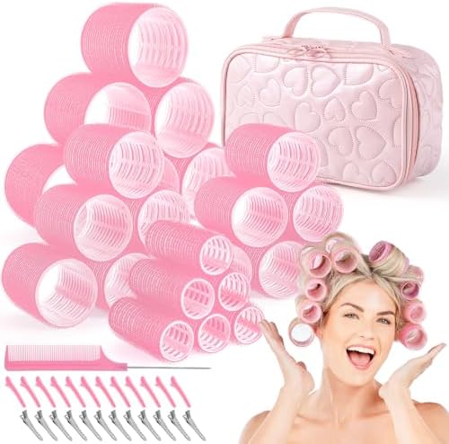 obeoby 4 Sizes Hair Rollers for Women Pink Curlers Set with Gift Makeup Bag by obeobyhairaccessories