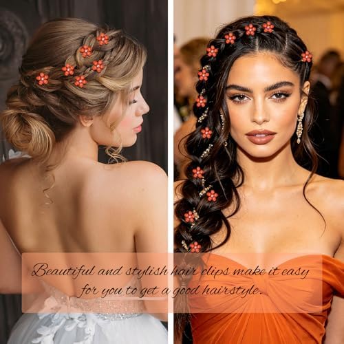 YISSION 20Pcs Mini Burnt Orange Plaid Flower Hair Clips, Rhinestone Decorative Hair Pins for Women and Girls Wedding Bridal Prom Daily Hairstyle Accessories - Image 2