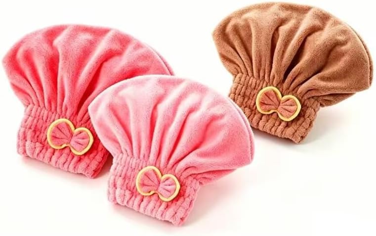 3 Pcs Microfiber Hair Drying Towels, Ultra Absorbent Cap Bowknot Turban for Women Adults or Girls, Multicolour(Beige，Pink，Light red) by Unknown