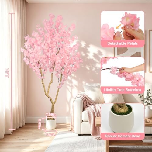 Pink Artificial Cherry Blossom Tree 7FT with Sturdy White Planter - Image 3