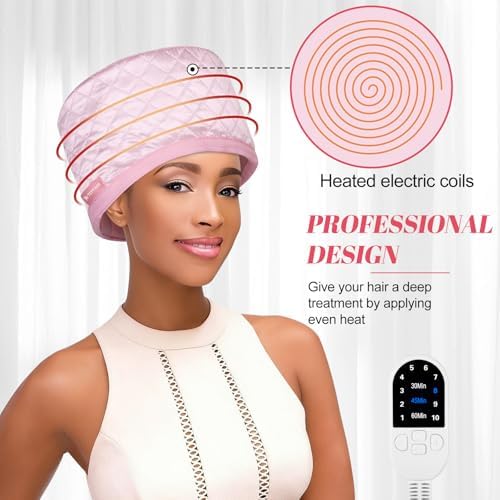 TEPENAR Hair Steamer for Deep Conditioning: Upgraded Heat Cap with 10-Level Fast Heating 3 Time Settings for Natural Hair Portable Thermal Steam Cap for Home Hair Treatment - Pink - Image 2
