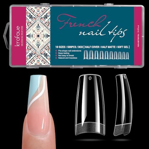 Krofaue 500PCS French Nail Tips, Half Matte Flexible Gel, Square, 10 Sizes by krofaue