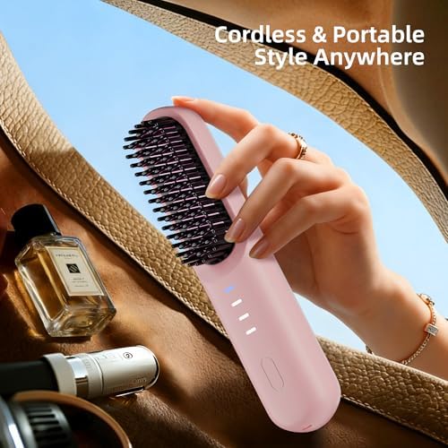 Cordless Hair Straightener Brush Portable Wireless Ceramic Hot Brush for Women USB-C Rechargeable Travel Straightener Negative Ion Anti-Frizz Fast Heating 4 Temperature Settings Auto Shut-Off (Pink) - Image 7