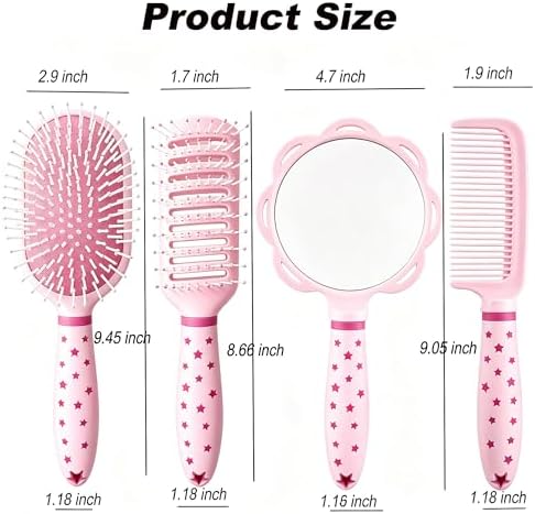 4 Pieces Hair Brush Set Detangling Hair Brush Hair Comb Set For Women Girls Gifts Cute Shaped Hair Combs Hair Brushes Handheld Mirror Sets Massage HairBrush with Air Cushion For Wet Dry Hair (Pink) - Image 6