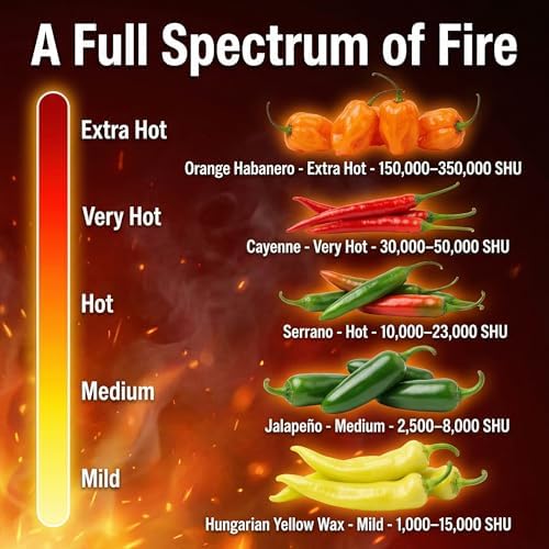 Hot Pepper Seeds for Planting, Cayenne, Hungarian Yellow, Jalapeno, Serrano, Habanero Orange, Heirloom Pepper Seeds Variety Pack, NonGMO, Made in USA - Image 2