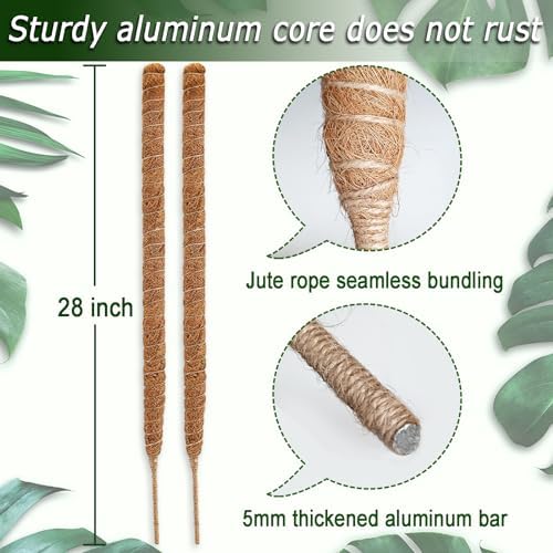 Soupiar 2-Pack 28" Bendable Moss Pole for Monstera, Rust-Free Aluminum Core Plant Support Stakes, Sturdy Stakes to Train & Grow Indoor Climbing Plants Upright (13.2ft Jute Rope Included) - Image 2