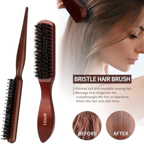 5pcs/Set Boar Bristle Slick Back Hair Brush & Comb Set - Edge Control Styling Kit for Slick Back, Teasing, Smoothing, Detangling, and Adding Volume - Suitable for Curly, Normal, and Wavy Hair Types - Image 2