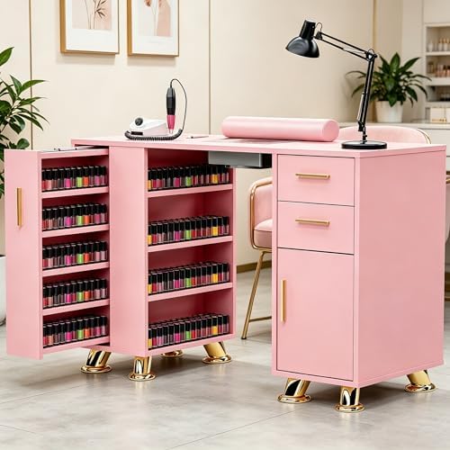 Manicure Table with Dust Collector, Large Storage Nail Desk (Pink) by Oakvera