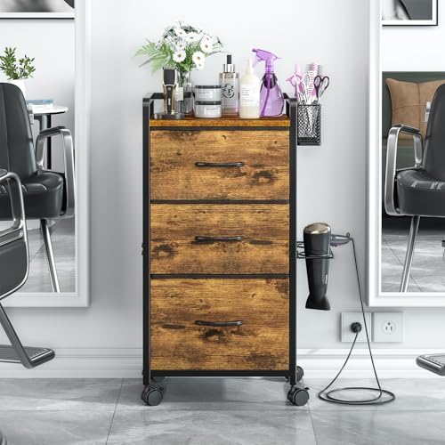 Salon Station for Hair Stylist, Rolling Salon Trolley Cart with Wheels, Beauty Barber Station with Metal Tool Holder & 3 Fabric Drawer, Mobile Storage Cabinet for Barbershop, Spa&Tattoo, Rustic Brown - Image 2
