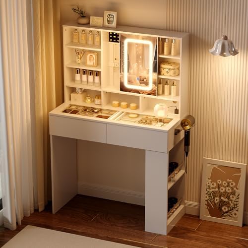 VINGLI Vanity Desk with Sliding Mirror and Lights, Glass Top Makeup Vanity Table w/Shelves & Hidden Jewelry Storage & Power Outlets & Hairdryer Holder,54in White Dressing Table Gifts Girls - Image 2