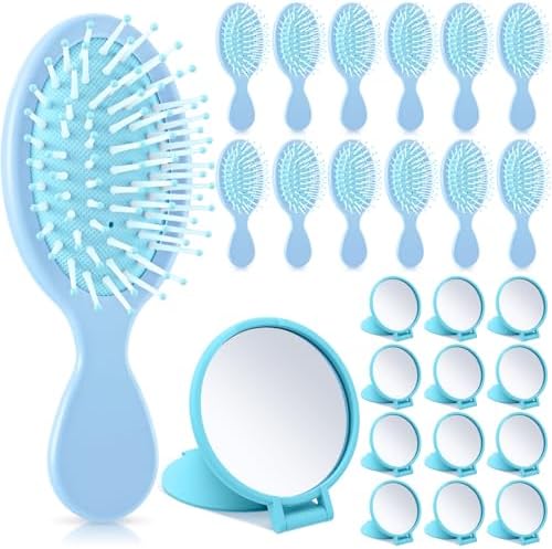 Meanplan 24 Pcs Mini Hair Brush Set 12 Travel Wet Dry Hair Combs Pocket Detangling 12 Compact Folding Makeup Mirrors for Spa Sleepover Birthday Bridal Shower Bachelorette Christmas Party Gift(Blue) by Meanplan