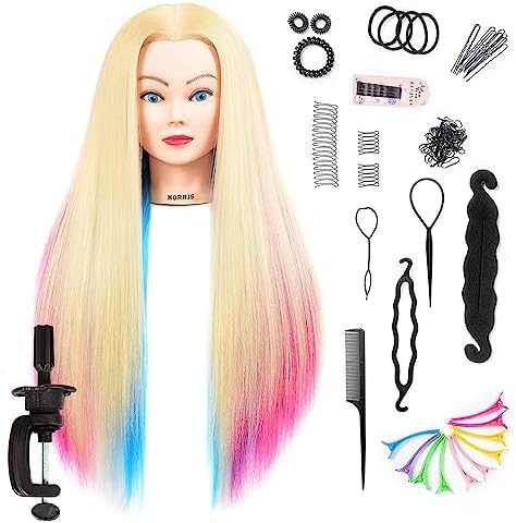 Mannequin Head with Long Synthetic Fiber Colorful Hair Styling Training Head 26-28inch Manikin Cosmetology Doll Head Hairdressing Training Model for Cutting Braiding Practice and Free Clamp Holder by headdoll