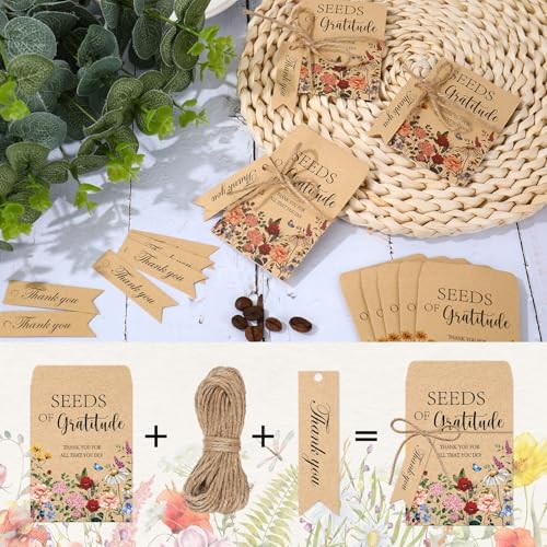 JarThenaAMCS 50 Sets Spring Wildflower Seed Packets Seeds of Gratitude Adhesive Kraft Envelopes Floral Seed Storage Bags with Thank You Tags for Guest Birthday Wedding Party Favors(No Seeds Include) - Image 3