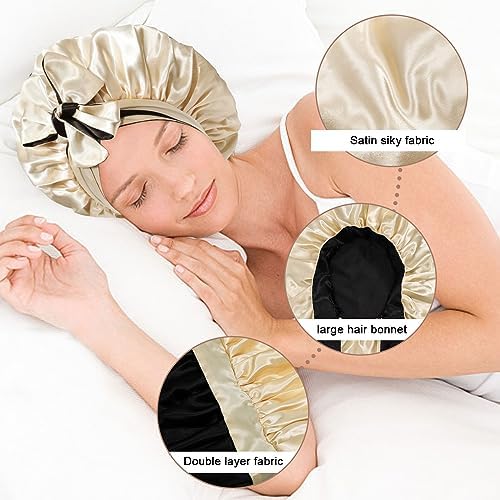 CHLINS Satin Bonnet Silk Sleep Cap Hair Bonnets for Women Stretchy Tie Band Hair Cap for Curly Hair Silk Hair Wrap(Champagne+Black) - Image 6