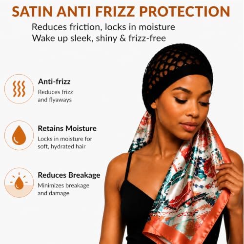 2 in 1 Wrap Cap Hair Net and Scarf for Silk Press, Satin Wrap Cap Bonnet for Women, Adjustable Stay-On Sleep Hair Net Scarf for All Hair Types (Orange, One Size) - Image 3