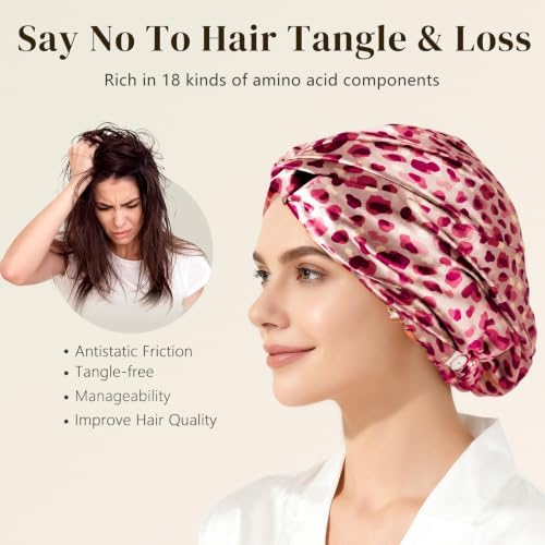 ZIMASILK 22 Momme 100% Pure Silk Bonnet for Sleeping, Leopard Pink/Purple - Image 4
