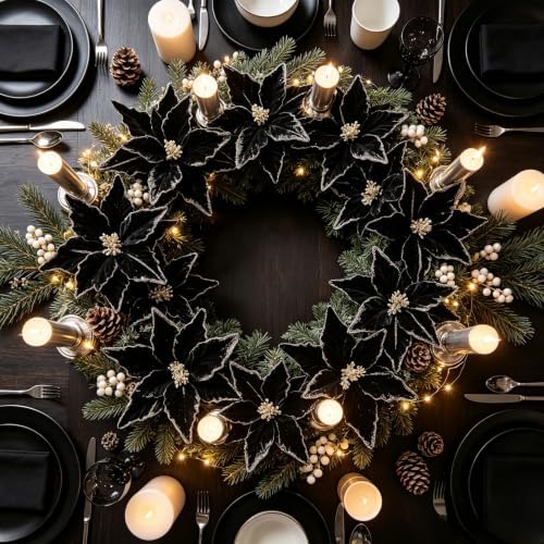 Kimura's Cabin 6Pcs 11Inch Artificial Poinsettia Christmas Flower Set,Black - Image 7