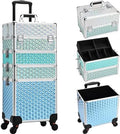 Professional Rolling Makeup Train Case 4 in 1 Aluminum Trolley Case with 360° Rotation Wheels for Makuep Artist Cosmetic Suitcase Organizer with Lock and Key Diamond Pattern - Turquoise by AdazzoRollingMakeupCase