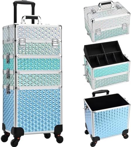 Professional Rolling Makeup Train Case 4 in 1 Aluminum Trolley Case with 360° Rotation Wheels for Makuep Artist Cosmetic Suitcase Organizer with Lock and Key Diamond Pattern - Turquoise by AdazzoRollingMakeupCase